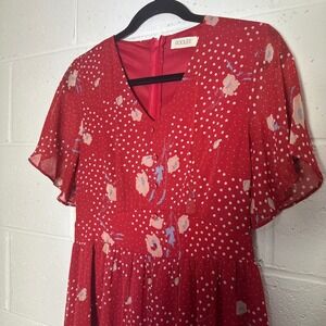 Roolee Red Polka Dot Floral Midi Dress V-Neck Flutter Sleeve Small